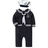 Baby Boy Marine Sailor Costume Romper Onesie With Hat 2 Pcs Set (Navy Blue Long Sleeves 12-18 Months)