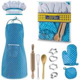 Kids Cooking Set 11 Pcs Birthday Gifts for 3-6 Year Old Girls. Includes Apron Chef Hat Cooking Mitt Utensils. Festival Toys for 3-6 Year Old Girls (Blue)