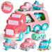 Fun Little Toys 5PCs Cartoon Vehicles Car Carrier Truck Pink Toy for Girls with Lights and Sounds Toys for Girls 5 in 1 Push and Go Trailer