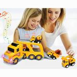 Interest 5 IN 1 Transport Car Carrier Truck Toy Set Cartoon Truck Friction Powered Car Carrier Sounds & Bright Flashing Light 4 Mini Friction Power Car/Airplane/Bus