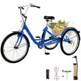 VEVOR Adult Tricycle 24 1-Speed 3 Wheel Bike Seat Adjustable Trike with Bell Brake System and Basket Cruiser Bicycles Large Size for Shopping( Blue)