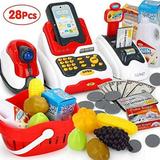 Pretend Play Smart Cash Register Toy Kids Cashier with Checkout Scanner Fruit Card Reader Credit Card Machine Play Money and Grocery Play Food Set Educational Toys for Boys & Girls Gifts Toddlers