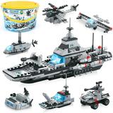 796 Pieces City Police Military Battleship Building Blocks Set Storage Box with Baseplates Lid Building Gift for Boys Girls 6-12