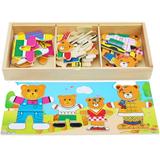 Wooden Jigsaw Puzzle Rabbit Family Dress-Up Puzzle Toys with Wooden Storage Case Sorting and Matching Games for Children Kids Toddlers 72 Pieces