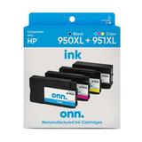 onn. Remanufactured HP 950XL/951XL High Yield Black Cyan Magenta Yellow Inkjet Cartridges 4-Pack