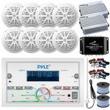 36 - 42 Boat Audio Bundle: Pyle Double DIN Bluetooth Marine Receiver 8x 6.5 White Speakers 2x 4-Channel Amplifiers Signal Splitter Amp Wiring Kits 2x 18 Gauge Speaker Wire Radio Antenna