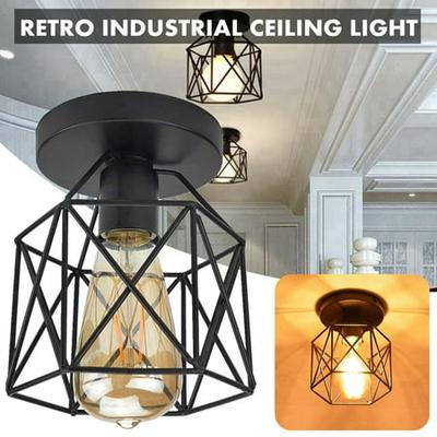 IP44 Industrial Style Caged Ceiling Light Fitting Black Bathroom Light LED Bulb