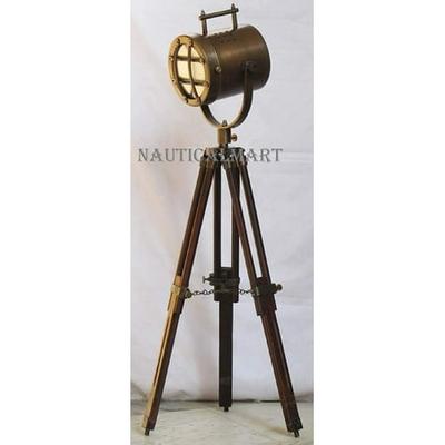 NAUTICAL MARINE CHROME SPOT SEARCHLIGHT W/ WOODEN TRIPOD STAND STUDIO TABLE LAMP 