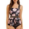 Peddney Strappy Tankini Swimsuits for Women Tummy Control Peplum Two Piece Bathing Suits with High Waisted Bikini Bottom, Pink-black, Large