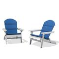 GDF Studio Cartagena Outdoor Acacia Wood Folding Adirondack Chairs with Cushions Set of 2 White and Navy Blue