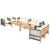 Gymax 8PCS Acacia Wood Outdoor Patio Furniture Conversation Set W/ White Cushions