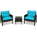 Patiojoy 3PCS Outdoor Patio Rattan Wicker Conversation Set W/Turquoise Cushions Turquoise