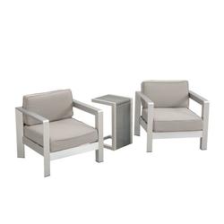 GDF Studio Alec Outdoor Aluminum and Wicker 3 Piece Chat Set with C Shaped Side Table Silver and Khaki