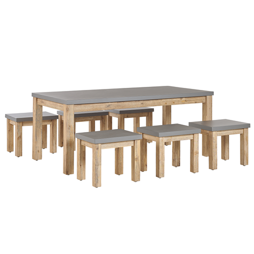 Gartenmöbel Set Tisch 6 Hockern Grau / Heller holzfarbton Faserzement / Akazienholz Indoor & Outdoor Garten Schlafzimmer Wohnzimmer