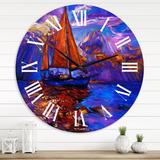 Designart 'Red Sail Ship On Purple Sunset' Nautical & Coastal wall clock