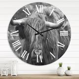 Designart 'Scottish Cow On Moorland I' Farmhouse wall clock