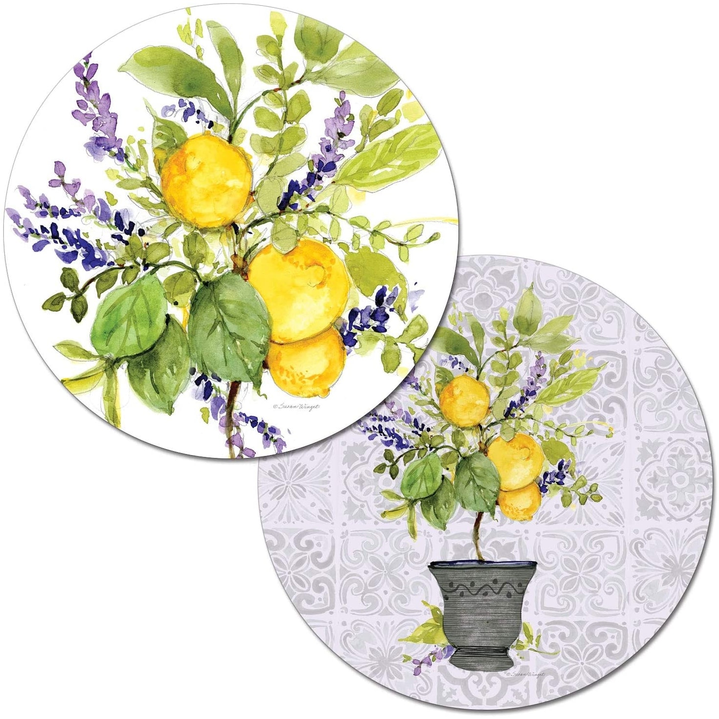 CounterArt Watercolor Lemons by Susan Winget Reversible Easy Care Set of Four Placemats, Made in The USA - 13.5x13.5