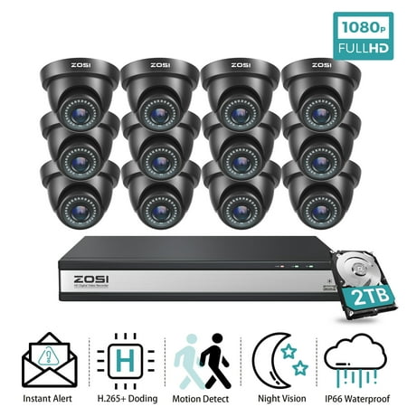 ZOSI 1080P H.265+ HD 16 Channel Security Camera System 1080p with 2TB HDD and 12 x 1080p CCTV Dome Camera Outdoor Indoor 80ft Night Vision Remote Access