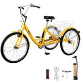 VEVOR Adult Tricycle 24 inch 1-Speed Three Wheel Bikes Yellow Tricycle with Bell Brake System Bicycles with Cargo Basket for Shopping