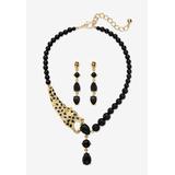 Women's Gold Tone 2 Piece Set Leopard Necklace and Earring Set,Onyx, 18" by PalmBeach Jewelry in Onyx