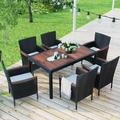 Wicker Patio Dining Set 7PCS Outdoor Rattan Table & Chairs Set with Wooden Top & Padded Cushions Deck Furniture Dining Table Set Garden Porch Backyard Poolside Sectional Conversation Set K3481
