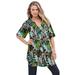 Plus Size Women's Short-Sleeve Angelina Tunic by Roaman's in Chocolate Painted Flowers (Size 24 W) Long Button Front Shirt