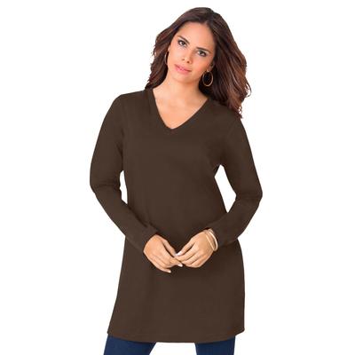 Plus Size Women's Ultimate Long Sleeve V Neck Tunic by Roaman's in Chocolate (Size 4X) Long Shirt