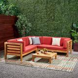 Oana Outdoor 5 Seater V Shaped Mid-Century Modern Acacia Wood Sectional Sofa Set with Coffee Table by Christopher Knight Home