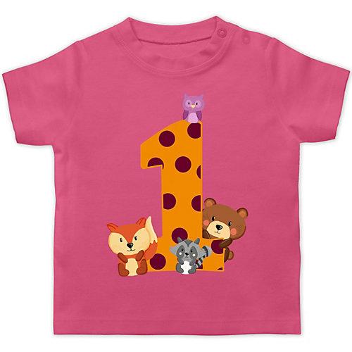 Baby Geburtstag Geburtstagsgeschenk - Baby T-Shirt kurzarm - 1. Geburtstag Waldtiere - T-Shirts Kinder pink Kleinkinder