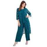 Plus Size Women's Three-Piece Lace Duster & Pant Suit by Roaman's in Deep Teal (Size 16 W) Duster, Tank, Formal Evening Wide Leg Trousers