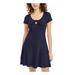 PLANET GOLD Womens Navy Solid Cap Sleeve Keyhole Short Fit + Flare Dress Size M