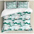 Hawaii Duvet Cover Set Queen Size, Pastel Tones Palm Trees and Beach Hills Paper Cut Style, 3 Piece Bedding Set with 2 Pillow Shams, Pale Teal Blush Hunter Green Baby Blue, by Ambesonne