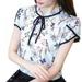 Summer Floral Print Chiffon Blouse Ruffled Collar Bow Neck Shirt Short Sleeve Tops