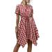 Sexy Dance Women Short Sleeve V Neck Plaid Dress Irregular Hem Fashion Summer Dresses Ladies Beach Holiday Sundress Casual Swing Dress