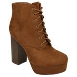 Delicious Women Chunky Thick High Heels Ankle Boots Hidden Platform Lace Up Side Zipper Booties Faux Suede Erica-S Tan Brown Cognac 5.5