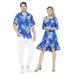 Couple Matching Hawaiian Luau Shirt 3/4 Sleeve Ruffle Dress in Hibiscus Blue