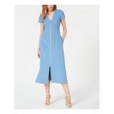 JILL STUART Womens Blue Zip Front Short Sleeve V Neck Midi Shift Wear To Work Dress Size 0