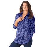 Plus Size Women's Long-Sleeve Kate Big Shirt by Roaman's in Navy Stamped Floral (Size 24 W) Button Down Shirt Blouse