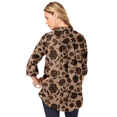 Plus Size Women's Long-Sleeve Kate Big Shirt by Roaman's in Brown Sugar Stamped Floral (Size 44 W) Button Down Shirt Blouse