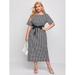 Women's Plus Size Houndstooth Print Belted Fitted Dress