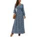 UKAP Women Vintage Kaftan Dress Ladies Long Sleeve Button Decoration V-Neck T-Shirt Dress Girls Floral Evening Party Long Maxi Dress Side Slit Tunic Shirt Dress