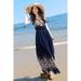 Women Printed Floral Long Pleated Waist Chiffon Maxi Dress Navy