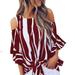 Women's Round Neck Off-Shoulder Blouses Three-Quarter Sleeve Striped Shirts Tops