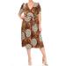 Women's Plus Size V-Neck Short Sleeve Faux Wrap Printed Relaxed Casual Midi Dress Made in USA Brown 3XL