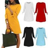 IOAOAI Dress,Casual Women Autumn Solid Color O Neck 3/4 Drawstring Sleeve Loose Mini Dress