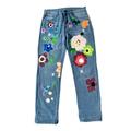 Women Casual Wide Leg Jeans Loose High Waist Floral Print Jeans Ripped Denim Pants