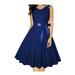 Women Sleeveless Style Solid Colored Ribbon Waist A-Line Pleated Skirt Dress