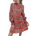 Women Boho Floral Printed Ruffle Hem Mini Dress Casual Stand Collar Swing Dresses Lantern Sleeve Short Dress for Ladies Casual Shirt Dress