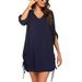 UKAP Women's Summer 3/4 Sleeve Casual Dresses Swing Cover Up Lace Up Adjustable Sleeve Chiffon Sundress Navy Blue XXL(US 20-22)