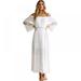 Monfince Womens Solid White Long Beach Sundress Strapless Long Sleeve Loose Off Shoulder Lace Boho Maxi Dress